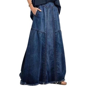 Women's Retro Denim Maxi Skirt - High Waist A-Line with Frayed Hem & Pockets Dark Blue - 1 of 4
