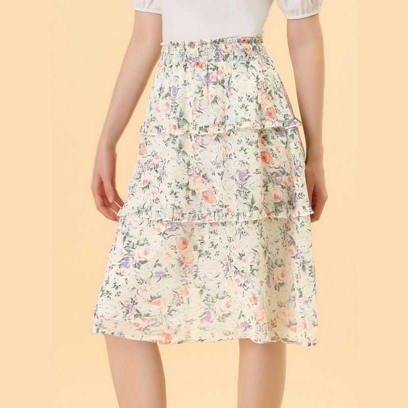 Allegra K Women's Floral Print Smocked Elastic Waist Knee Length Flowy Tiered Ruffle Skirt, 2 of 6