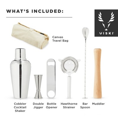 Viski Travel Bartender Kit 6pc Set | Drink Mixers for Cocktails Gift Essentials:Classic Cobbler Shaker,Hawthorne Strainer,Bottle Opener,Barspoon,Brown - Thumbnail 4
