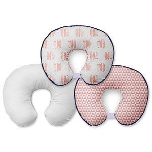 Bacati - 3 pc Olivia Tribal Coral/Navy Feathers/Triangles Muslin Hugster Feeding & Infant Support Nursing Pillow with 2 removable zippered covers - 1 of 4