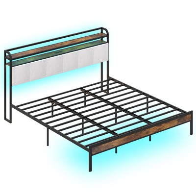 Safstar King Size Bed Frame w/LED Light & Charging Station Heavy Duty Metal Platform Bed