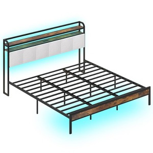 Safstar King Size Bed Frame w/LED Light & Charging Station Heavy Duty Metal Platform Bed - 1 of 4