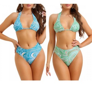 INSPIRE CHIC Women's Halter Lace Up Bra High Cut Triangle Thong Bottom Strappy Swimsuit 2 Sets - 1 of 4