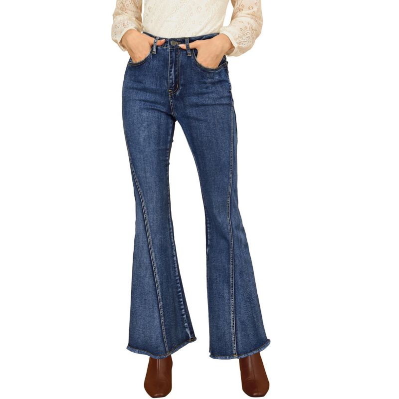 Allegra K Women's Vintage High Waist Stretch Denim Bell Bottoms Jeans, 1 of 8