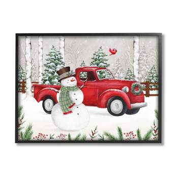 Stupell Industries Winter Wonderland Snowman Cardinal Snowy Red Truck Black Framed Giclee Art