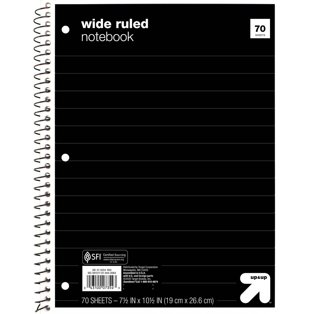Wide Ruled Black 1 Subject Flexible Paperboard Cover Spiral Notebook - up&up™: 70 Pages, 3 Hole Punched, Tween Audience