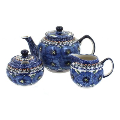 Blue Rose Polish Pottery Blue Art 3 Piece Tea Set