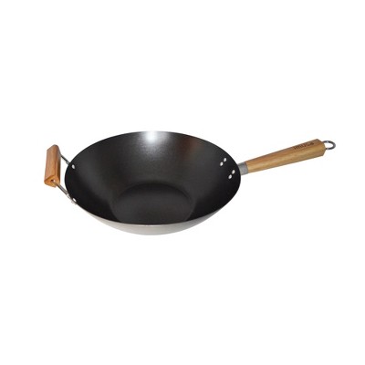 IMUSA 14  Carbon Steel Wok with Wooden Handle Black