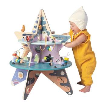 Manhattan Toy Double-Decker Celestial Star Explorer Wooden Activity Center with Shape Gliders, Spinners, Bead Runs and Alluring Artwork