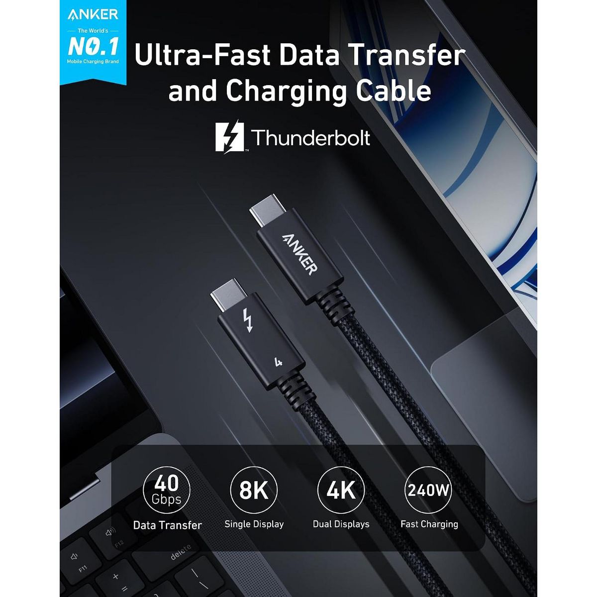 Anker Prime Thunderbolt 4 Cable, 3.3 ft USB-C to USB-C, 240W, 40Gbps, 8K/4K, for iPhone 16 Series, MacBook, iPad, Samsung (Thunderbolt 4-Certified) - thumbnail 2
