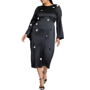 ELOQUII Women's Plus Size Satin Midi Dress With Pailettes - 16, Black Onyx - 1 of 4