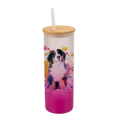 100 North 25 Ounce Frosted Glass Gradient Travel Tumbler With Straw & Wooden Lid, Bernese Mountain Dog Paint Splatter Pink