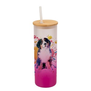 100 North 25 Ounce Frosted Glass Gradient Travel Tumbler With Straw & Wooden Lid, Bernese Mountain Dog Paint Splatter Pink - 1 of 4