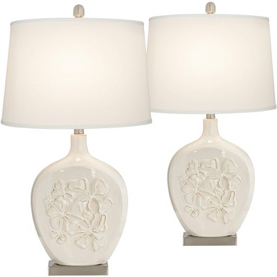 Regency Hill Country Cottage Table Lamps Set of 2 Ceramic Ivory White Oval Shade for Living Room Family Bedroom Bedside Nightstand