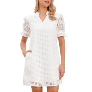 INSPIRE CHIC Women's Short Sleeve Summer V Neck Ruffle Hollow Out Eyelet Lace A-Line Mini Dresses - 1 of 4