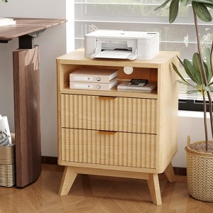 Fluted Nightstand with USB Ports & Outlets - 2 Drawers and Open Shelf Bedside Table End Table, Night Stand with Charging Station - 1 of 4