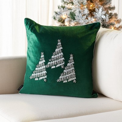 Green Velvet Christmas Tree Accent Pillow, 19" Square