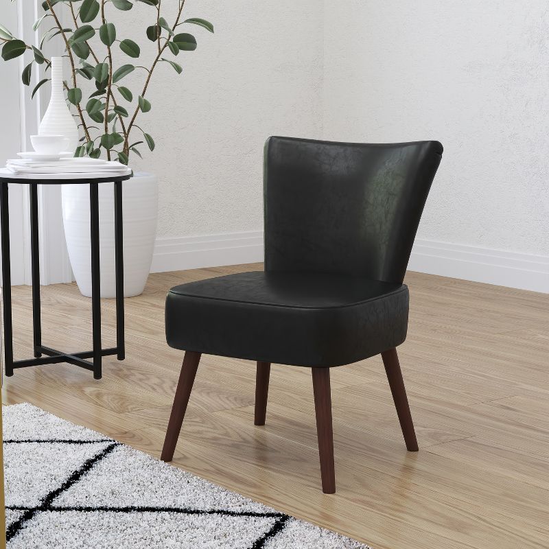 Merrick Lane Santino Black Faux Leather Mid-Back Retro Accent Side Chair with Flared Wooden Legs, 3 of 11