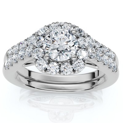 Pompeii3 1 1/10Ct TDW Cushion Halo Engagement Wedding Ring Set 14k White Gold Lab Created