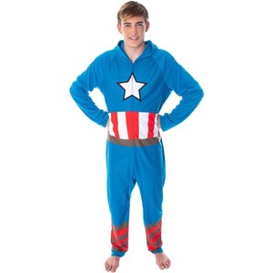 Marvel Men's Captain America Classic Cap Costume Pajama Union Suit Captain Blue - 1 of 4