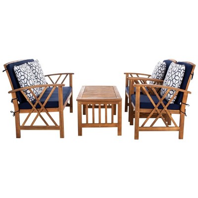 Fontana Natural Acacia Wood 4-Piece Patio Conversation Set with Navy Cushions