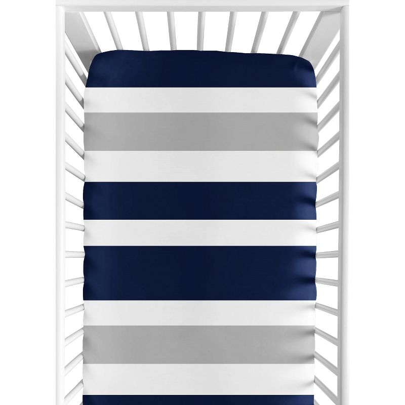 Sweet Jojo Designs Gender Neutral Baby Fitted Crib Sheet Stripe Navy Blue Grey and White, 1 of 8