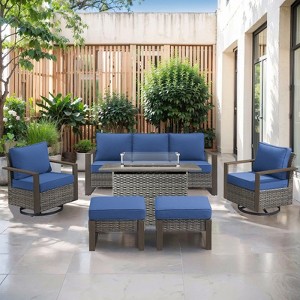 4 Pieces Patio Furniture Set with 41" Propane Fire Pit Table, Deep Seating Wicker Sofa Couch with Swivel Glider Chairs Set Patio Conversation Set - 1 of 4