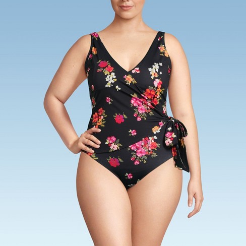 Lands End Women s Plus Size Side Tie Wrap One Piece Swimsuit 26w Black Meadow Floral Target