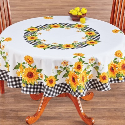 Round White Fabric Tablecloth with Sunflowers and Plaid Border