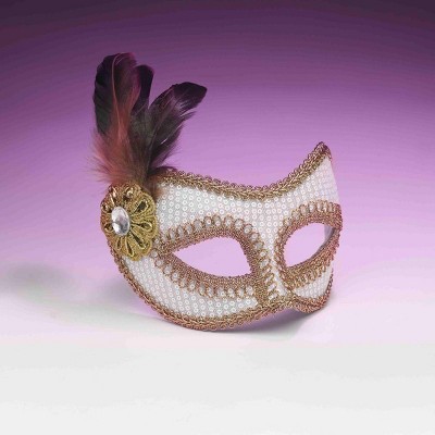 Forum Novelties White And Gold Sequin Costume Fashion Masquerade Mask With Feather
