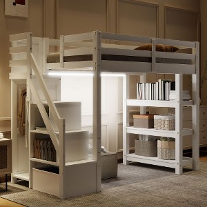 TiramisuBest Full Size Loft Bed with Shelves, Storage Staircase, Small Wardrobe and White LED Light - 1 of 4