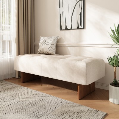 Airsurfer Beige Linen Tufted Ottoman Bench – Rectangular Upholstered Bench with Rubber Wood Legs for Living Room, Bedroom
