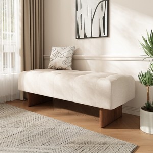 Airsurfer Beige Linen Tufted Ottoman Bench – Rectangular Upholstered Bench with Rubber Wood Legs for Living Room, Bedroom - 1 of 4