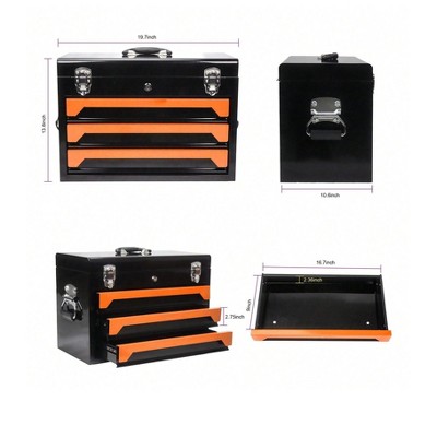Black+Orange Tool Box with 3 Ball-Bearing Drawers, Lock Keys, Portable Storage Chest Organizer for Garage Workshop and Home Use