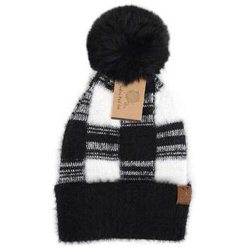 Women's Checkered Knit Winter Hat With Pom Pom