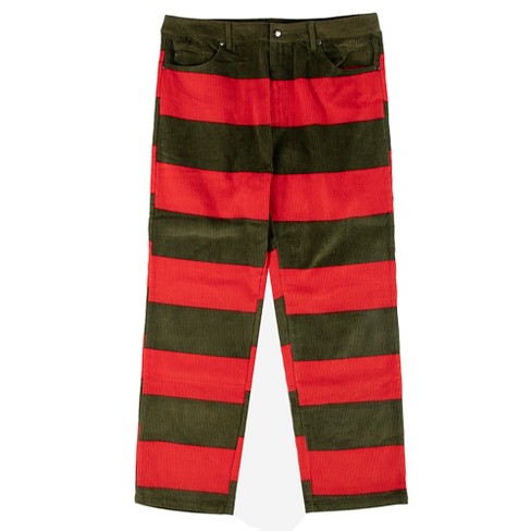 Green and red store striped pants