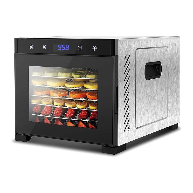 NutriChef Electric Countertop 600 Watts Multi Tier Food Dehydrator Machine with 6 Stainless Steel Trays, Digital Timer, &Temperature Control, Silver, 1 of 8