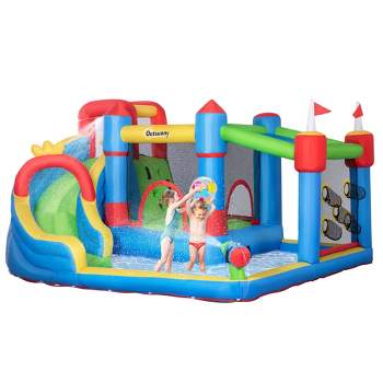 Outsunny 6-in-1 Inflatable Water Slide, Kids Water Park Castle Bounce House with Pool, Slide, Trampoline, Includes Carry Bag, without Air Blower