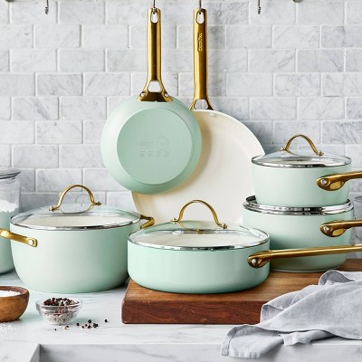 Mint Green Aluminum Nonstick 10-Piece Cookware Set with Gold Handles