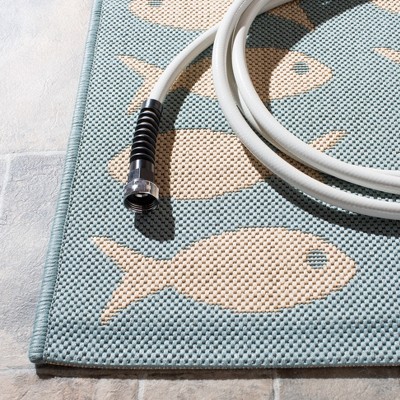 Aqua and Beige Fish Pattern Square Synthetic Rug