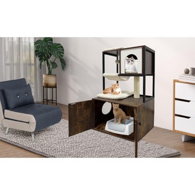 Cat Tree with Integrated Litter Cover, Corner Furniture with Scratching Post, Hammock and Ball, Dog-Proof Wood, Washable Cushion