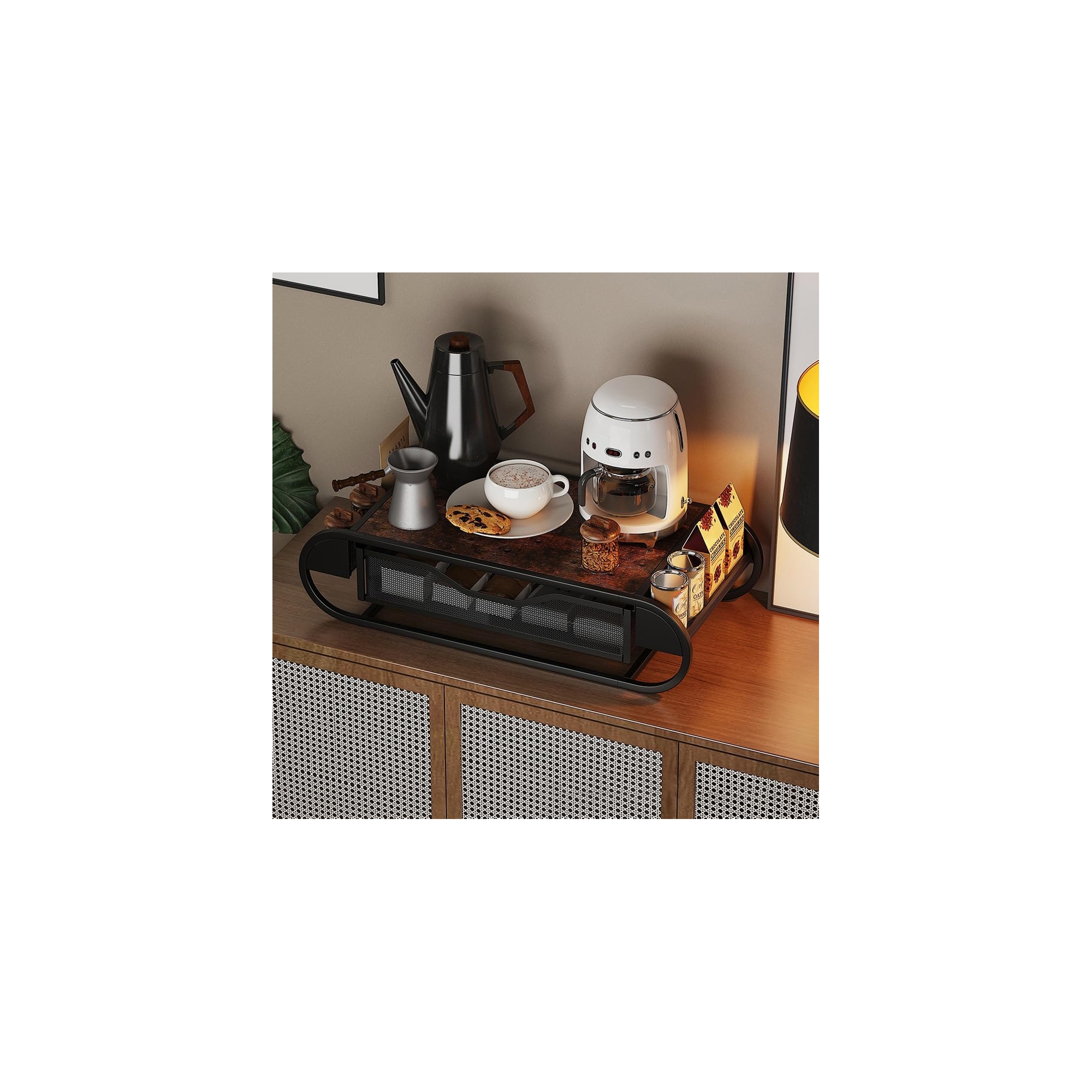 COZONY Coffee Station Organizer Holders with Drawer, Pod Storage Stand, Countertop Holder for Machine and Accessories Kitchen Organization