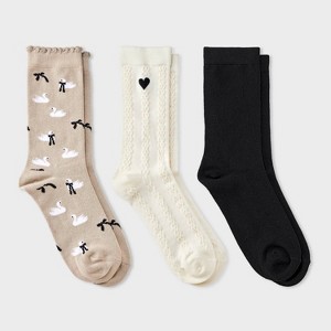 Women's Swans & Bows Scallop Cuff 3pk Crew Socks - A New Day™ Taupe/Black/Ivory 4-10 - 1 of 3