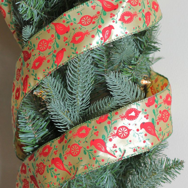 Northlight Mustard Yellow and Red Cardinals Wired Christmas Craft Ribbon 2.5" x 10 Yards, 3 of 4