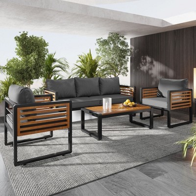 Chic Crate-4-Piece Outdoor Sectional – 5-Person Sofa & Acacia Table | Removable Cushions, Metal-Wood Frame | Gray