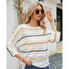 Women's 3/4 Long Sleeve Hollow Out Shirt Summer Casual Striped Knit Top Loose Fit Crew Neck Off Shoulder Blouse - 3 of 4