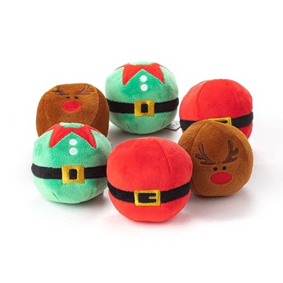 Midlee Christmas Plush Dog Balls- Pack of 6 Reindeer, Santa, Elf