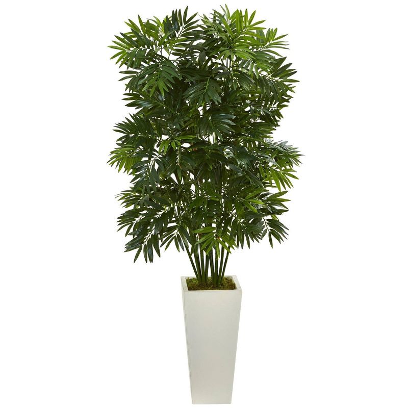 Nearly Natural 49” Mini Bamboo Palm Artificial Pant in White Tower Planter, 1 of 2