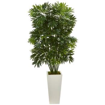 Nearly Natural 49” Mini Bamboo Palm Artificial Pant in White Tower Planter