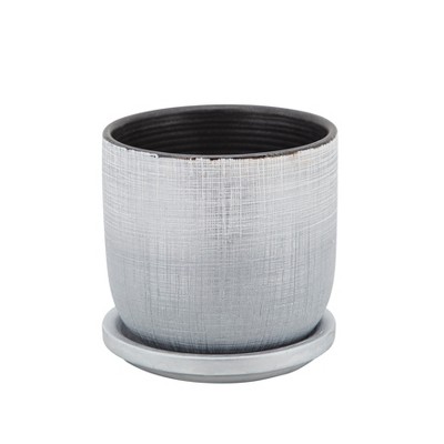 Sagebrook Home Textured Ceramic Indoor Outdoor Planter Pot with Saucer Silver 5"x5"x5": Rust-Resistant, Hand-Painted, No Tools Needed